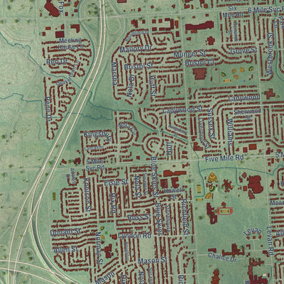 Close-up of the map of Livonia, Michigan print showing street and building detail