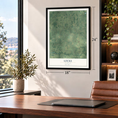 Locke, Michigan map, 18 x 24 inch print in a black frame in a home office