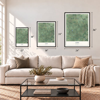 Lodi, Michigan map in 12 x 18, 18 x 24 and 24 x 36 inch sizes above a sofa