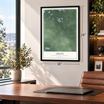 Logan, Ogemaw County, Michigan map, 18 x 24 inch print in a black frame in a home office