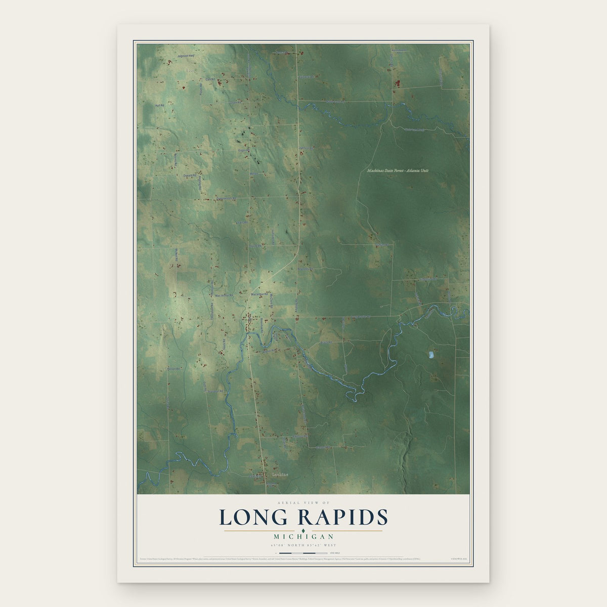 Long Rapids, Michigan map print, the full design