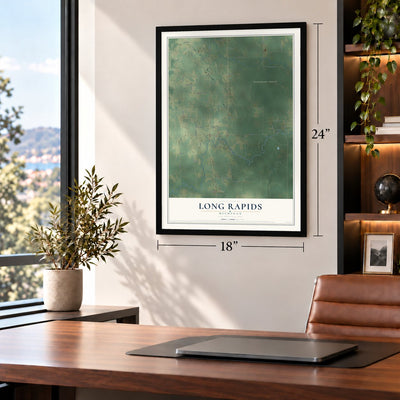Long Rapids, Michigan map, 18 x 24 inch print in a black frame in a home office