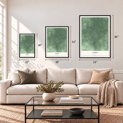 Loud, Michigan map in 12 x 18, 18 x 24 and 24 x 36 inch sizes above a sofa