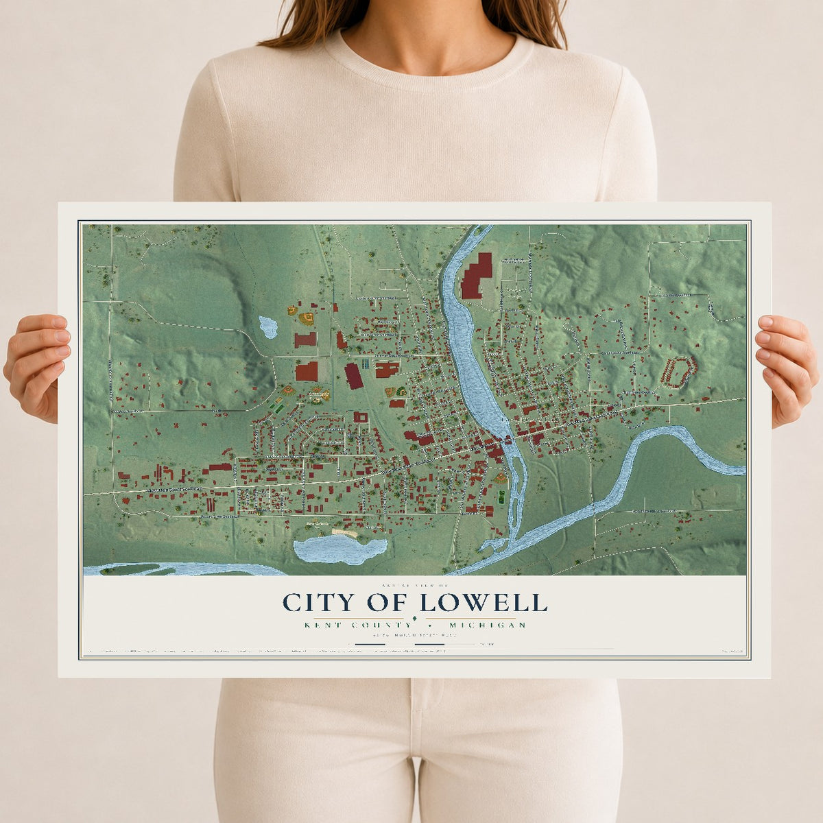 Map of Lowell, Michigan, 12 x 18 inch unframed archival matte print