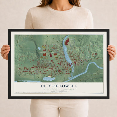 Map of Lowell, Michigan, 12 x 18 inch print in a black wood frame