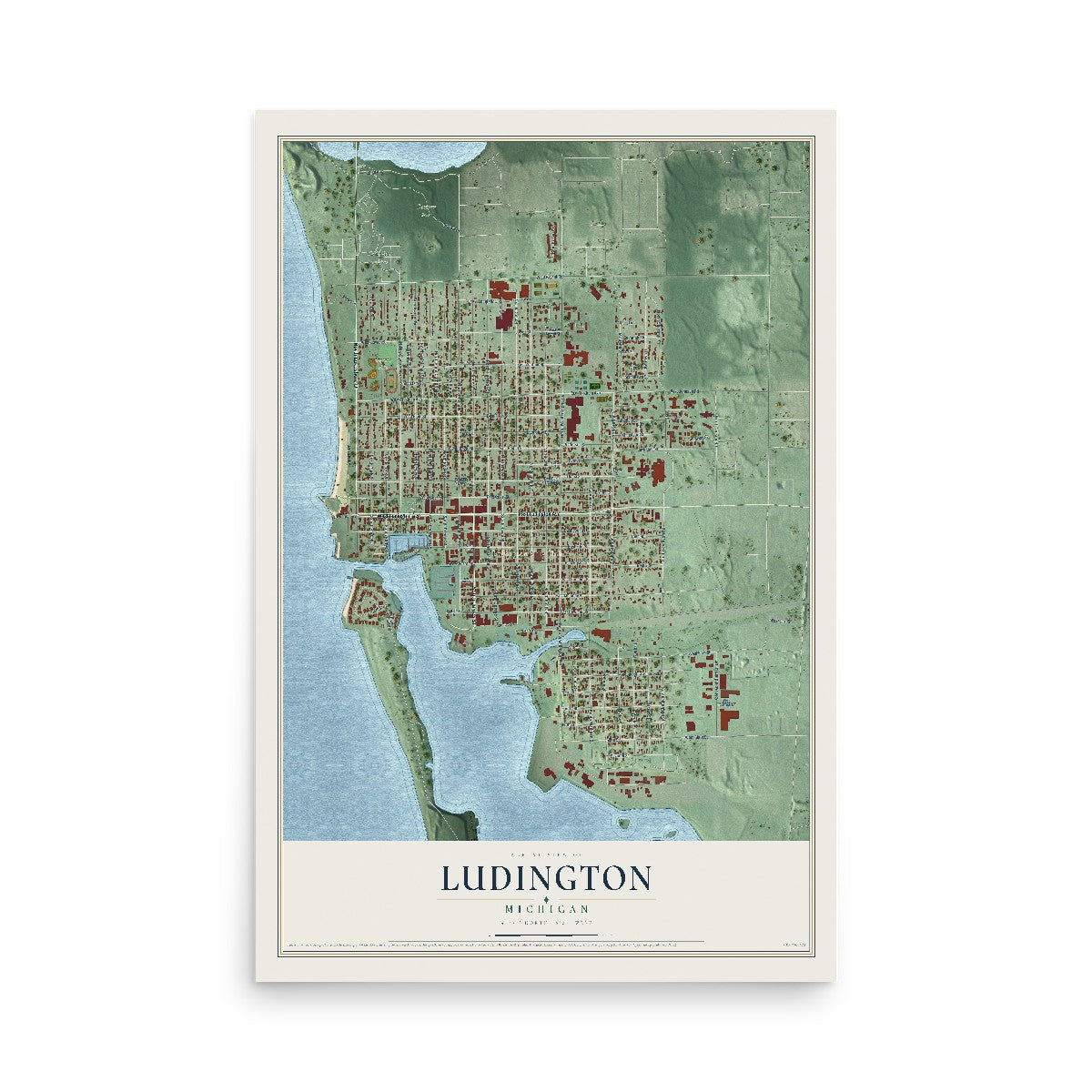 Map of Ludington, Michigan, 12 x 18 inch unframed archival matte print