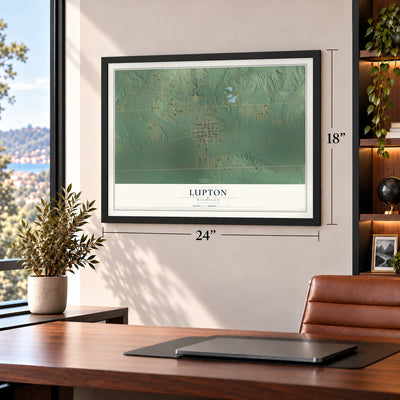 Lupton, Michigan map, 18 x 24 inch print in a black frame in a home office