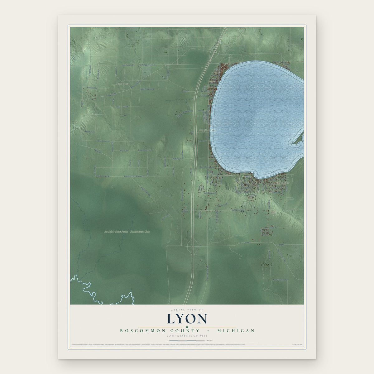 Lyon, Roscommon County, Michigan map print, the full design