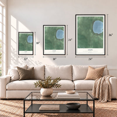 Lyon, Roscommon County, Michigan map in 12 x 18, 18 x 24 and 24 x 36 inch sizes above a sofa