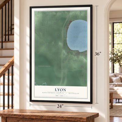 Lyon, Roscommon County, Michigan map, 24 x 36 inch print in a black frame by a staircase