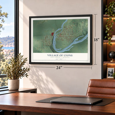 Lyons, Michigan map, 18 x 24 inch print in a black frame in a home office