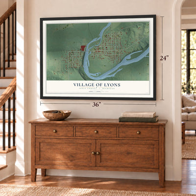 Lyons, Michigan map, 24 x 36 inch print in a black frame above a dresser by a staircase
