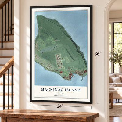 Mackinac Island, Michigan map, 24 x 36 inch print in a black frame by a staircase