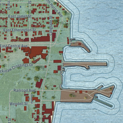 Close-up of the map of Mackinaw City, Michigan print showing street and building detail