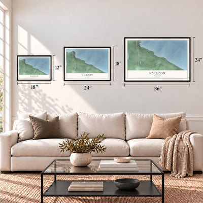 Mackinaw, Michigan map in 12 x 18, 18 x 24 and 24 x 36 inch sizes above a sofa