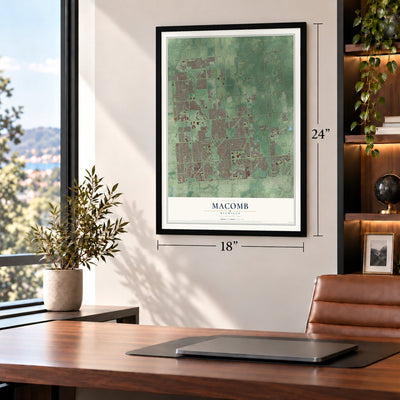 Macomb, Michigan map, 18 x 24 inch print in a black frame in a home office