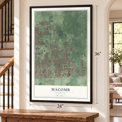 Macomb, Michigan map, 24 x 36 inch print in a black frame by a staircase