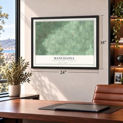 Mancelona, Antrim County, Michigan map, 18 x 24 inch print in a black frame in a home office
