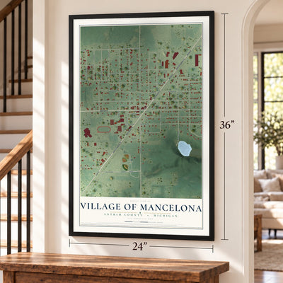 Mancelona, Michigan map, 24 x 36 inch print in a black frame by a staircase