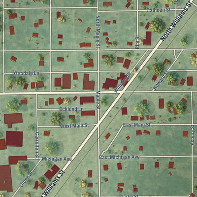 Close-up of the map of Mancelona, Michigan print showing street and building detail