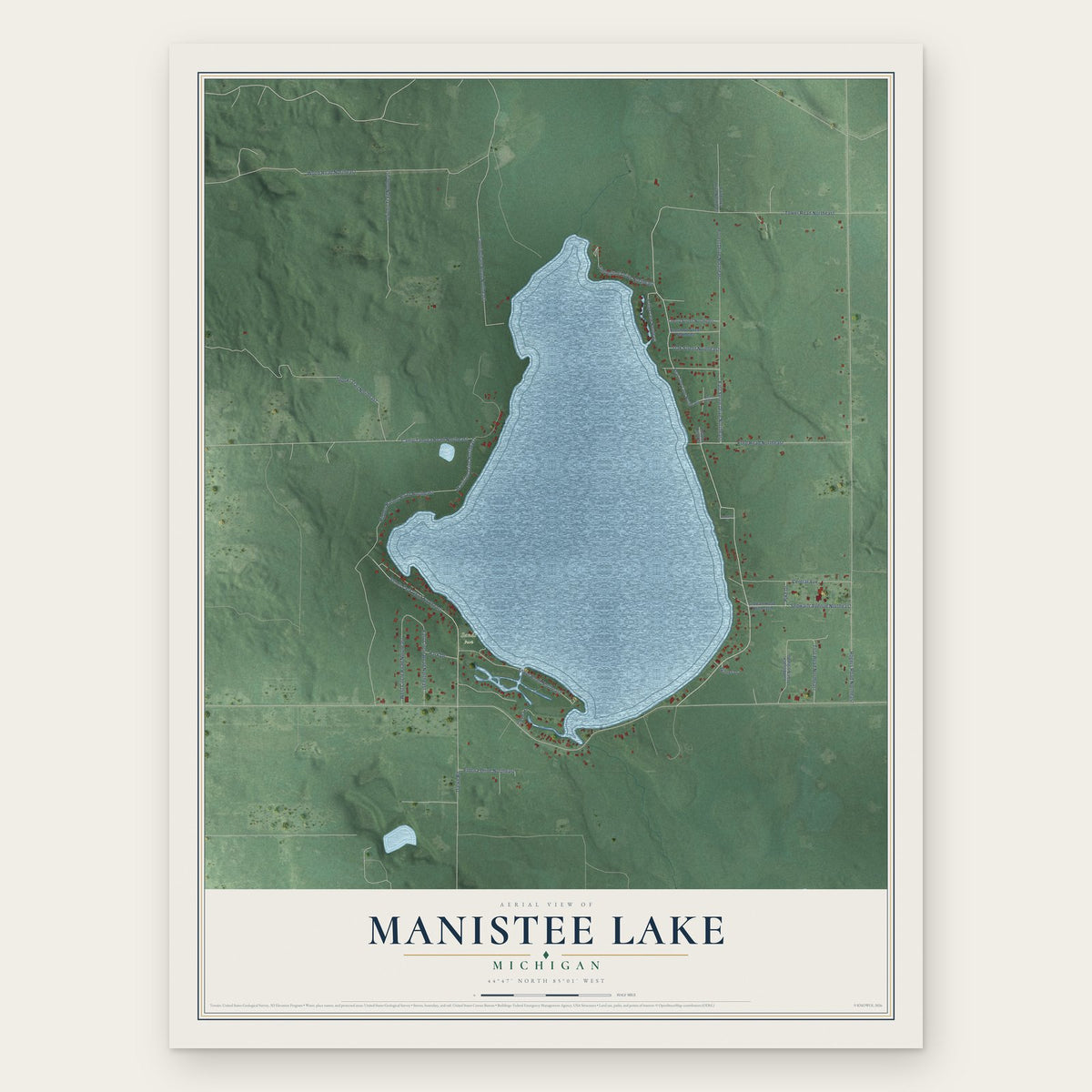Manistee Lake, Michigan map print, the full design