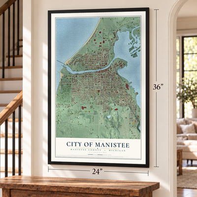 Manistee, Michigan map, 24 x 36 inch print in a black frame by a staircase