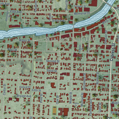 Close-up of the map of Manistee, Michigan print showing street and building detail