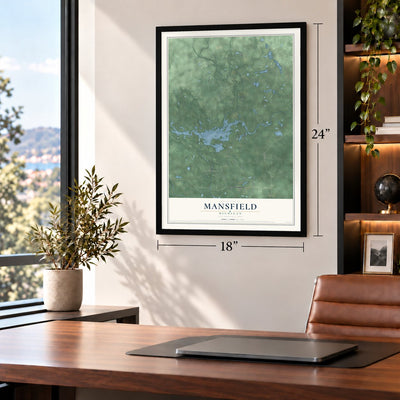 Mansfield, Michigan map, 18 x 24 inch print in a black frame in a home office