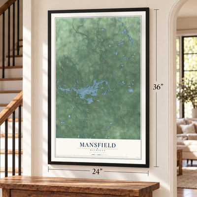 Mansfield, Michigan map, 24 x 36 inch print in a black frame by a staircase