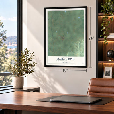 Maple Grove, Manistee County, Michigan map, 18 x 24 inch print in a black frame in a home office