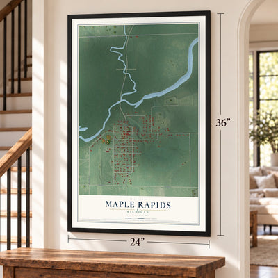 Maple Rapids, Michigan map, 24 x 36 inch print in a black frame by a staircase