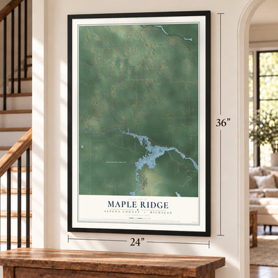 Maple Ridge, Alpena County, Michigan map, 24 x 36 inch print in a black frame by a staircase