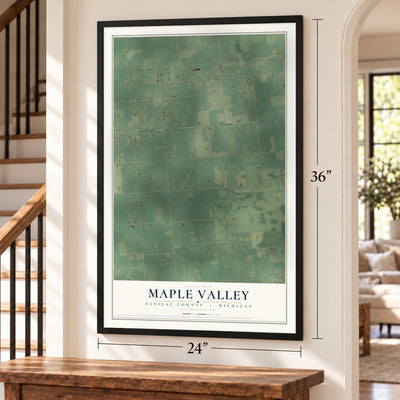 Maple Valley, Sanilac County, Michigan map, 24 x 36 inch print in a black frame by a staircase