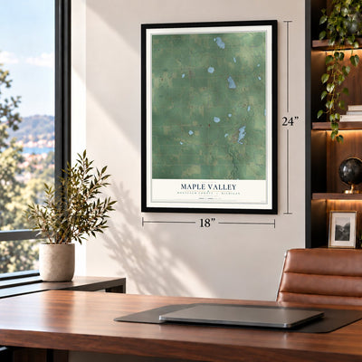 Maple Valley, Montcalm County, Michigan map, 18 x 24 inch print in a black frame in a home office
