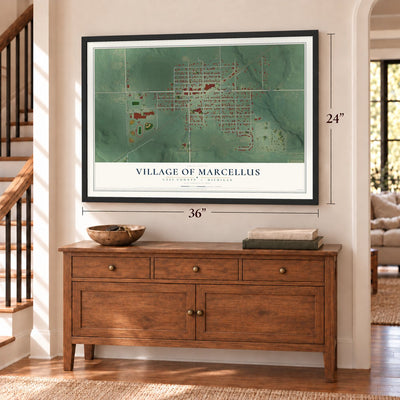 Marcellus, Michigan map, 24 x 36 inch print in a black frame above a dresser by a staircase