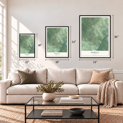 Marilla, Michigan map in 12 x 18, 18 x 24 and 24 x 36 inch sizes above a sofa