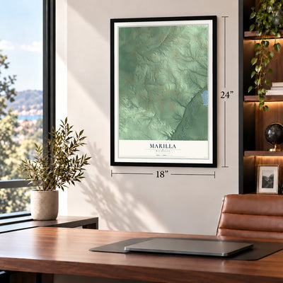 Marilla, Michigan map, 18 x 24 inch print in a black frame in a home office