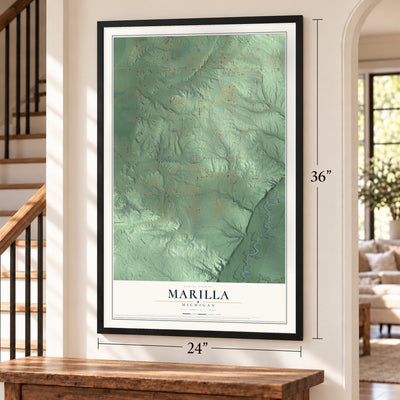 Marilla, Michigan map, 24 x 36 inch print in a black frame by a staircase