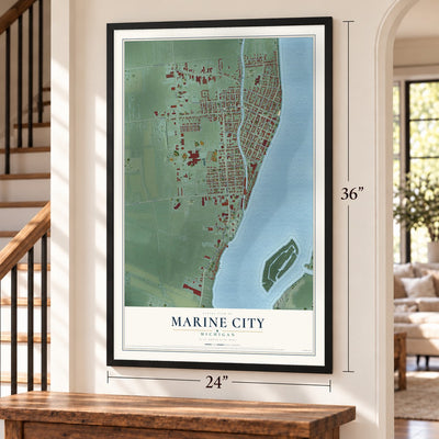 Marine City, Michigan map, 24 x 36 inch print in a black frame by a staircase