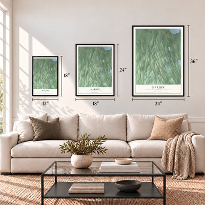 Marion, Charlevoix County, Michigan map in 12 x 18, 18 x 24 and 24 x 36 inch sizes above a sofa