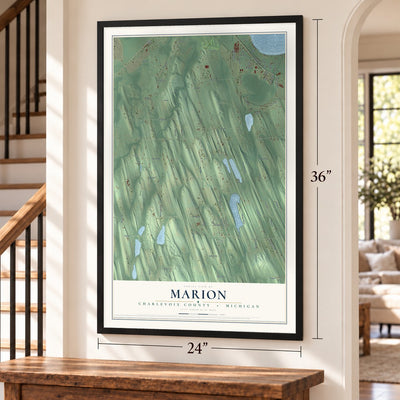 Marion, Charlevoix County, Michigan map, 24 x 36 inch print in a black frame by a staircase