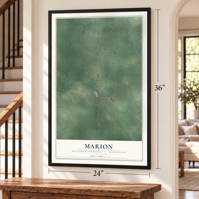 Marion, Osceola County, Michigan map, 24 x 36 inch print in a black frame by a staircase