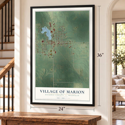 Marion, Michigan map, 24 x 36 inch print in a black frame by a staircase