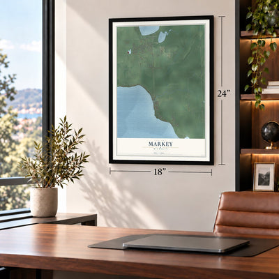 Markey, Michigan map, 18 x 24 inch print in a black frame in a home office