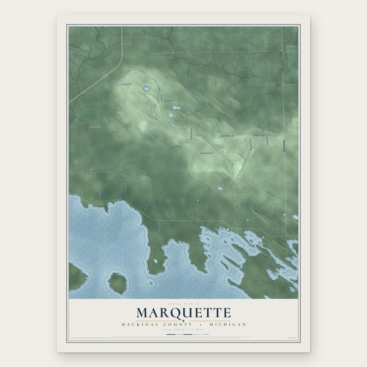 Marquette, Mackinac County, Michigan map print, the full design