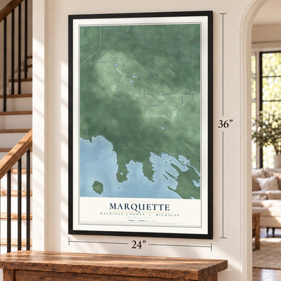 Marquette, Mackinac County, Michigan map, 24 x 36 inch print in a black frame by a staircase
