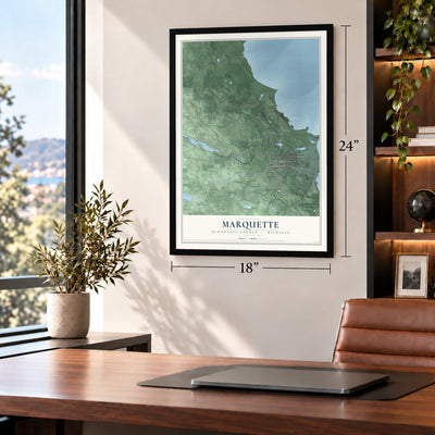 Marquette, Marquette County, Michigan map, 18 x 24 inch print in a black frame in a home office