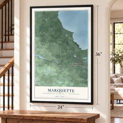 Marquette, Marquette County, Michigan map, 24 x 36 inch print in a black frame by a staircase