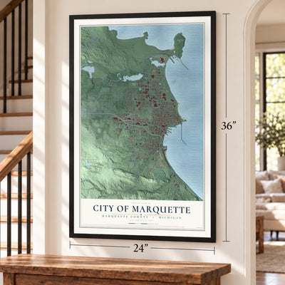 Marquette, Michigan map, 24 x 36 inch print in a black frame by a staircase