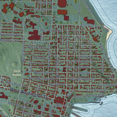 Close-up of the map of Marquette, Michigan print showing street and building detail